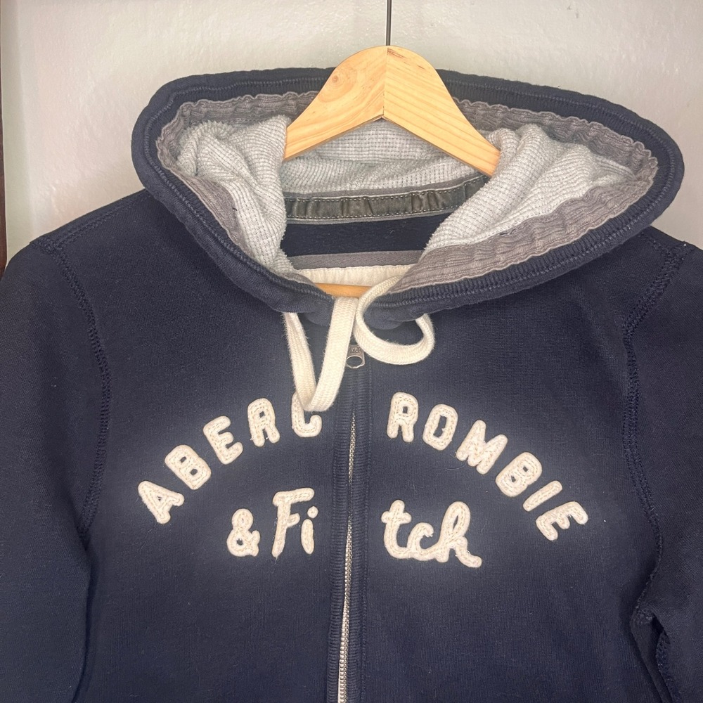 Abercrombie & Fitch Mens Navy Blue Full Zip Logo Hoodie Waffle Lined Hood Size M - Picture 3 of 14